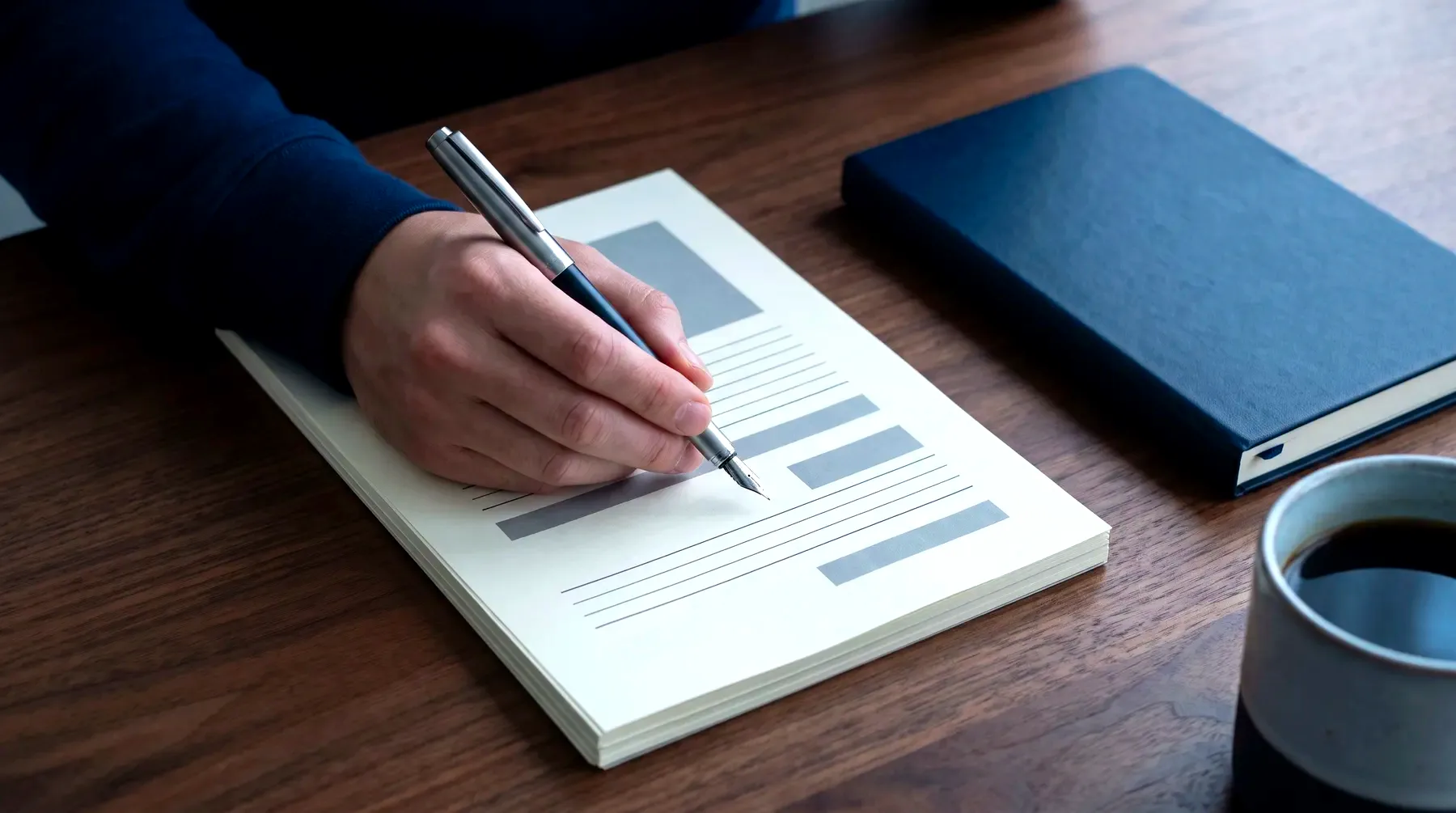 A hand with a pen over printed pages on a desk